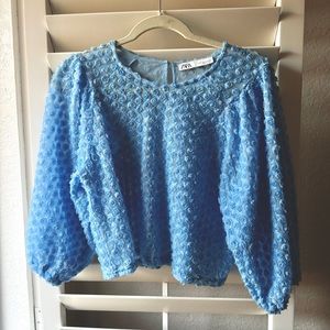 ZARA sheer cropped rosette blouse with balloon 3/4 sleeves